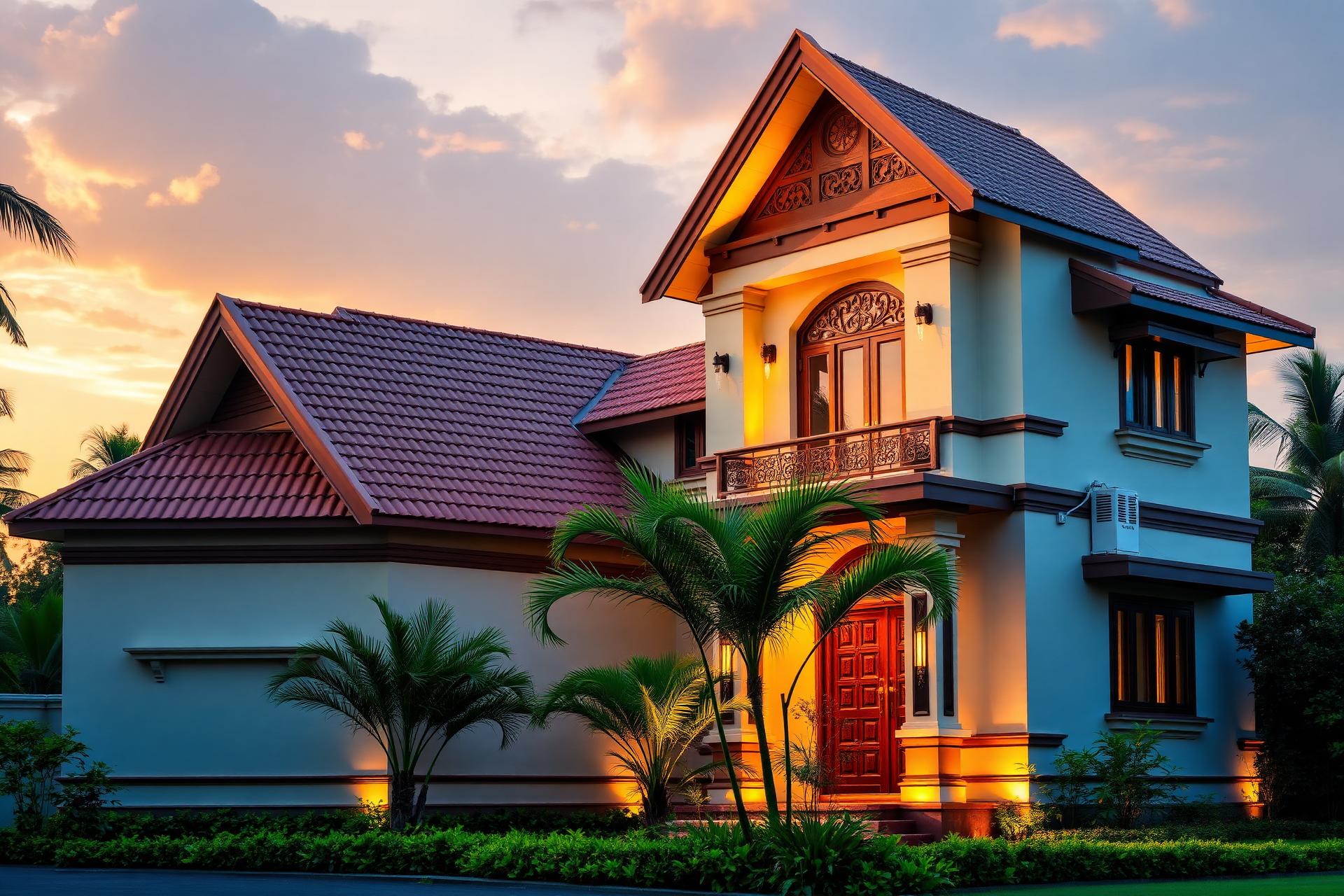 Kerala-style luxury home at golden hour