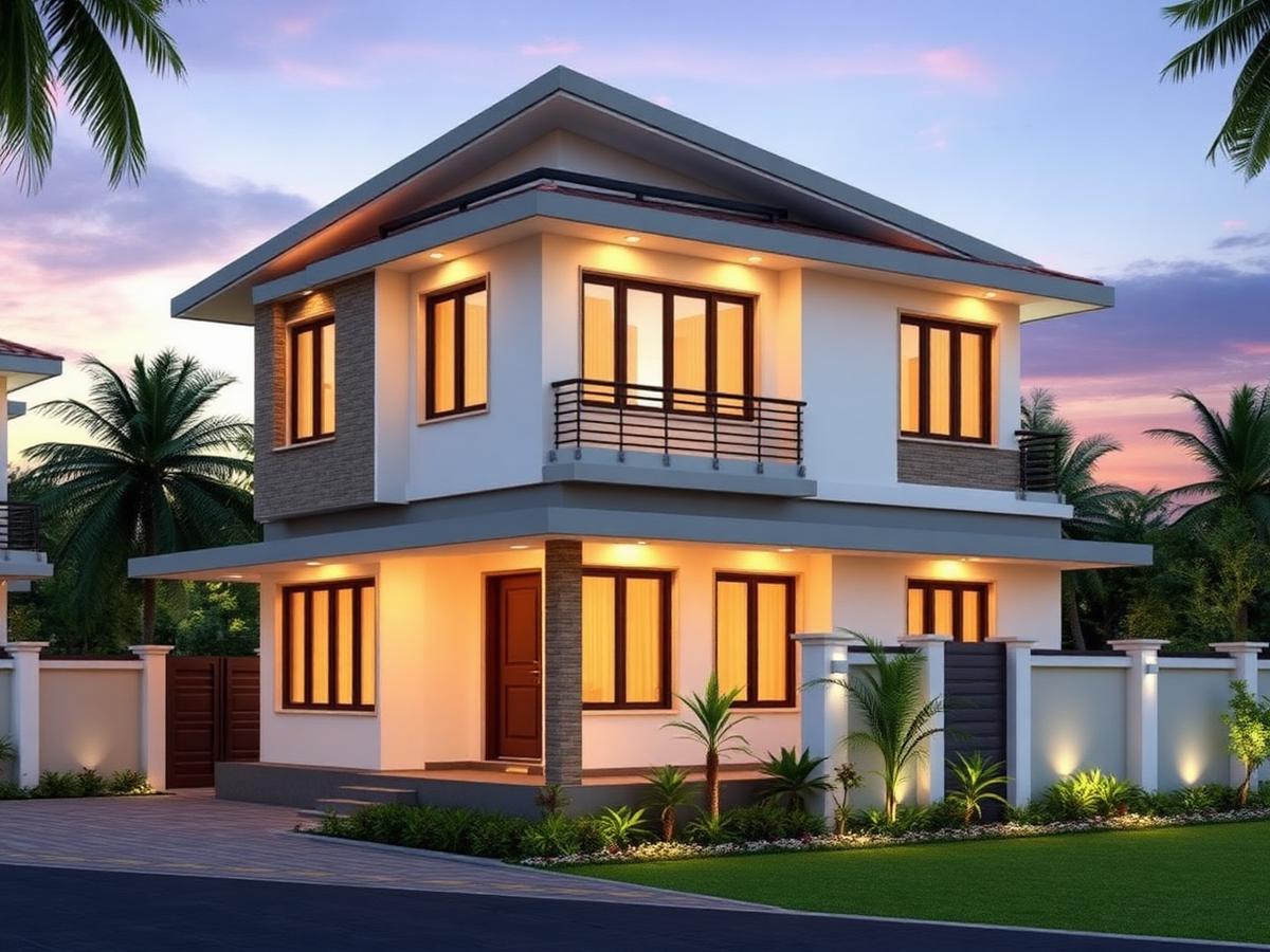 Contemporary Kerala 4BHK home at dusk